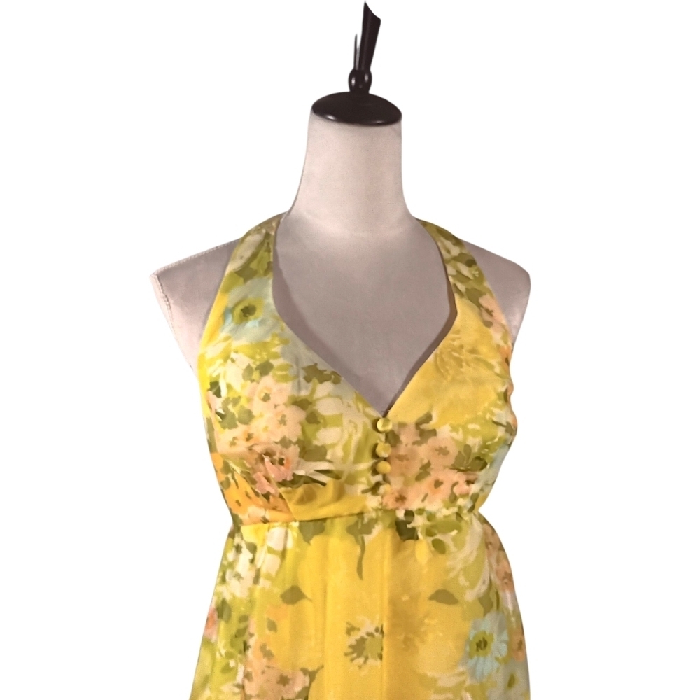 Vintage 1960s Floral Halter Prom Evening Gown With Taffeta Lining - Picture 2 of 10